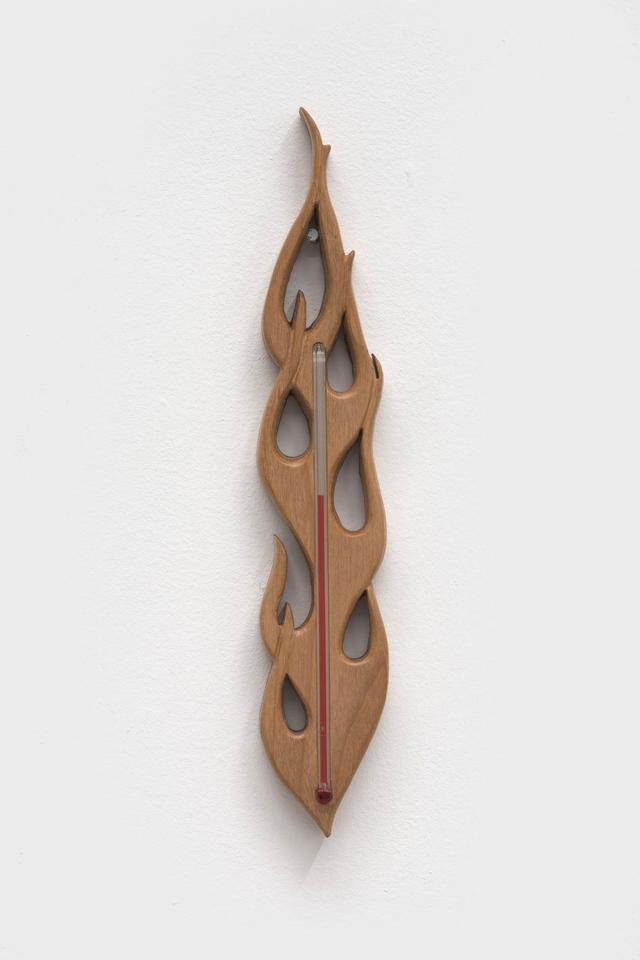 Rebecca R. Peel. sorcery/forgery i, 2023. Reclaimed walnut, red oak, glass thermometer. 10 x 4 x 1 inches.