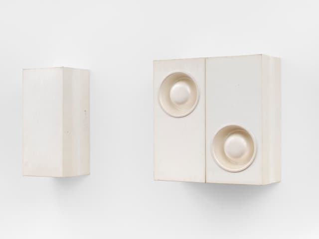 Winona Sloane Odette. Untitled, 2023. Trimmings/notions boxes, silver plated dog bowls. 17 x 40 x 4.25 inches.