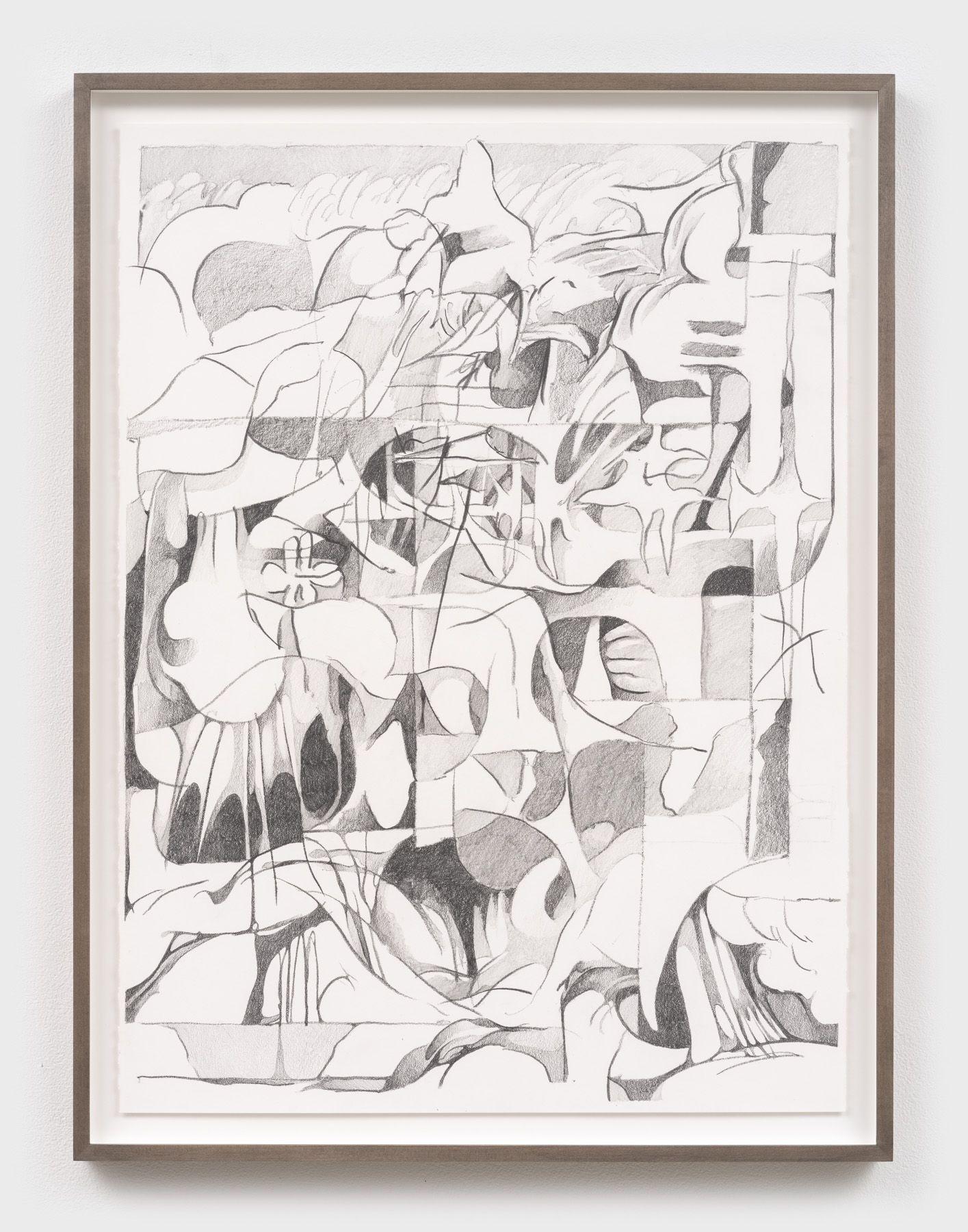 A framed abstract black and white sketch features numerous overlapping geometric shapes and fluid lines. The composition is intricate and dynamic, with sections of both dense and sparse shading, creating a layered, textured visual effect.