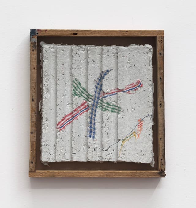 Bronson Smillie. Asterisk to Nowhere #1, 2022. Paper pulp, bar rag, artists frame. 12 x 11 x 2 inches.