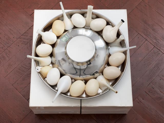 Winona Sloane Odette. Untitled, 2023. Trimmings/notions boxes, stainless steel slow feed dog bowl, tree sap, wax, corn starch, pigment, high heel components. 16.5 x 17 x 10.5 inches.