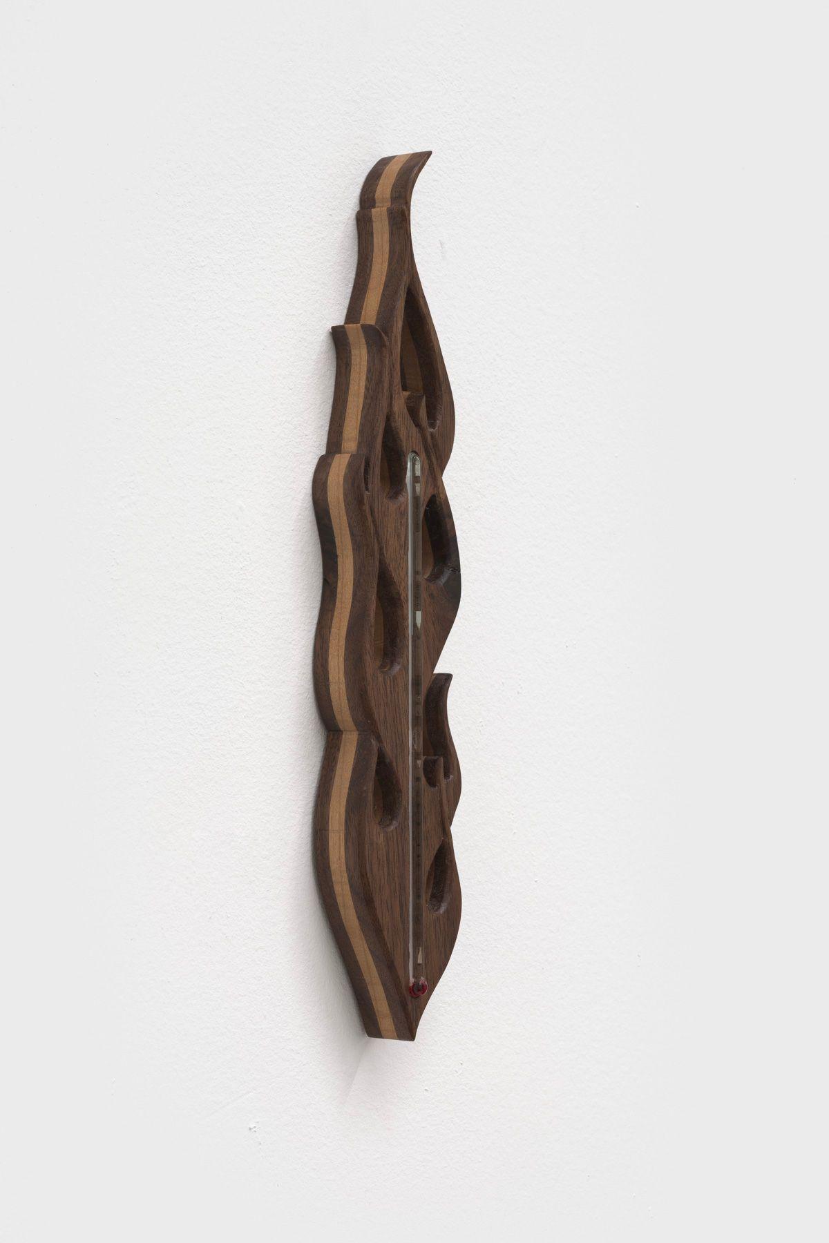 Rebecca R. Peel. sorcery/forgery ii, 2023. Reclaimed walnut, red oak, glass thermometer. 10 x 4 x 1 inches.