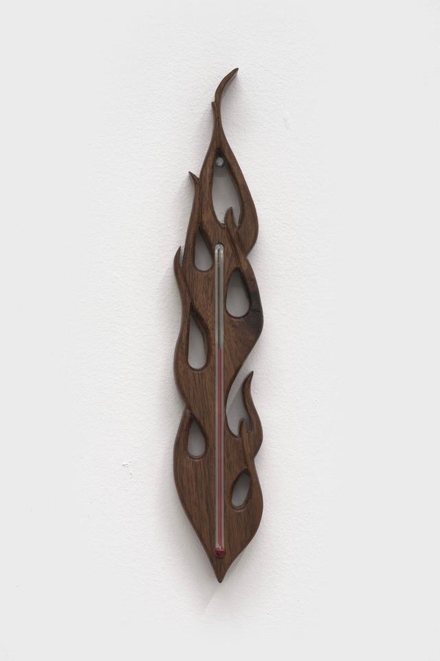 Rebecca R. Peel. sorcery/forgery ii, 2023. Reclaimed walnut, red oak, glass thermometer. 10 x 4 x 1 inches.