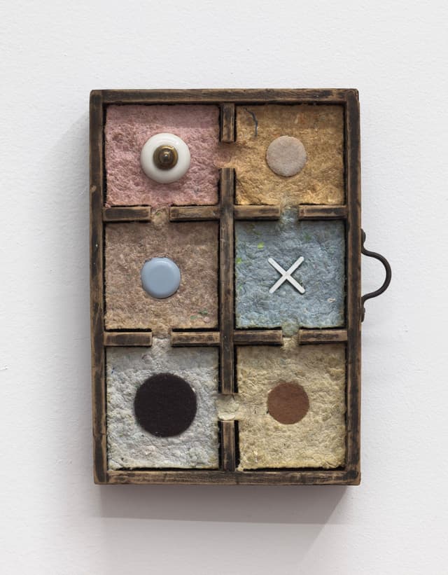 Bronson Smillie. Debris Flow Duplex, 2023. Modified wooden trinket display case, paper pulp, felt pads, knob, plastic. 9.5 x 6.5 x 1.5 inches.