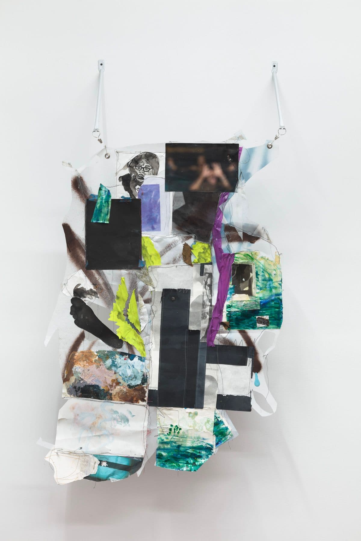 Caleb Jamel Brown. River Body sounds, 2022. Inkjet prints, image transfer, silver gelatin prints, found fabric, acrylic, vinyl, and grommets on mylar. 45 x 35 x 12 inches.