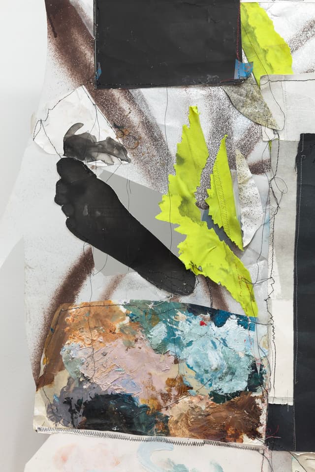 Caleb Jamel Brown. River Body sounds (Detail), 2022. Inkjet prints, image transfer, silver gelatin prints, found fabric, acrylic, vinyl, and grommets on mylar. 45 x 35 x 12 inches.