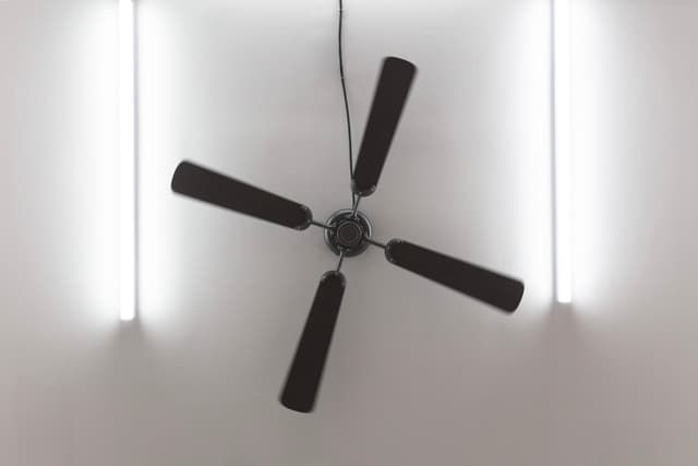 Peggy Chiang. A ceiling fan in the woods, 2022. Urethane resin, wood, 1 rpm AC motor, hardware. 54 x 54 x 8 inches.