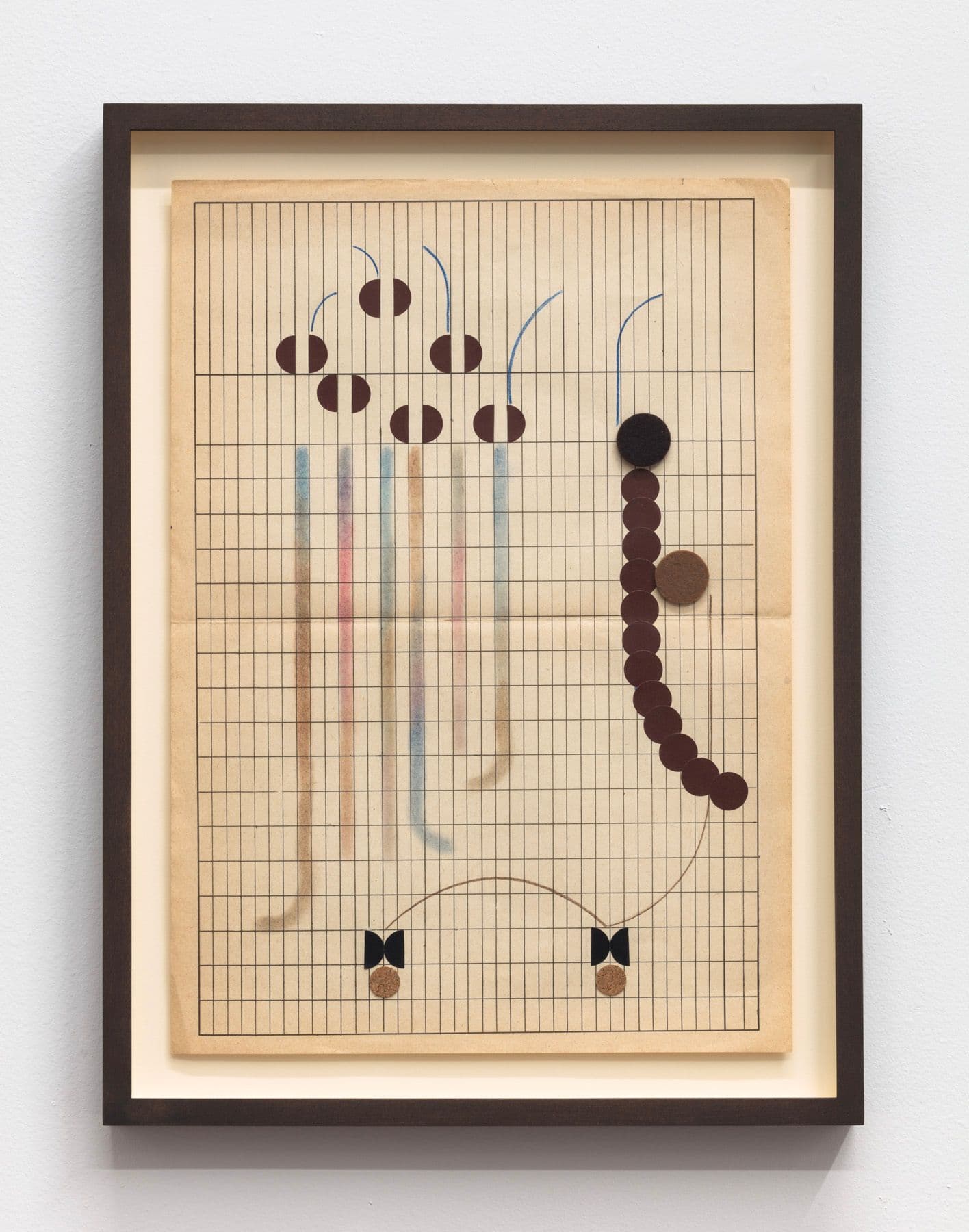 Bronson Smillie. Felt Drawing #11, 2023. Found paper, polycrayon, pencil crayon, cork pad, felt pad, stickers, framed. 19.25 x 14.25 inches.