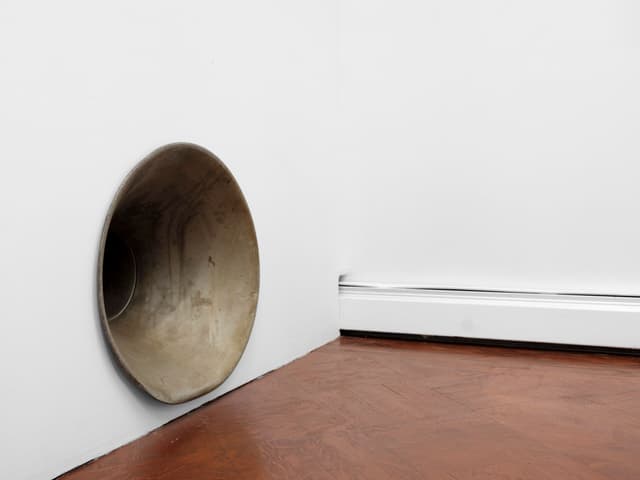 Winona Sloane Odette. Untitled (Detail), 2023. Silver plated dog bowl, phonograph horn, drywall. Dimensions variable.