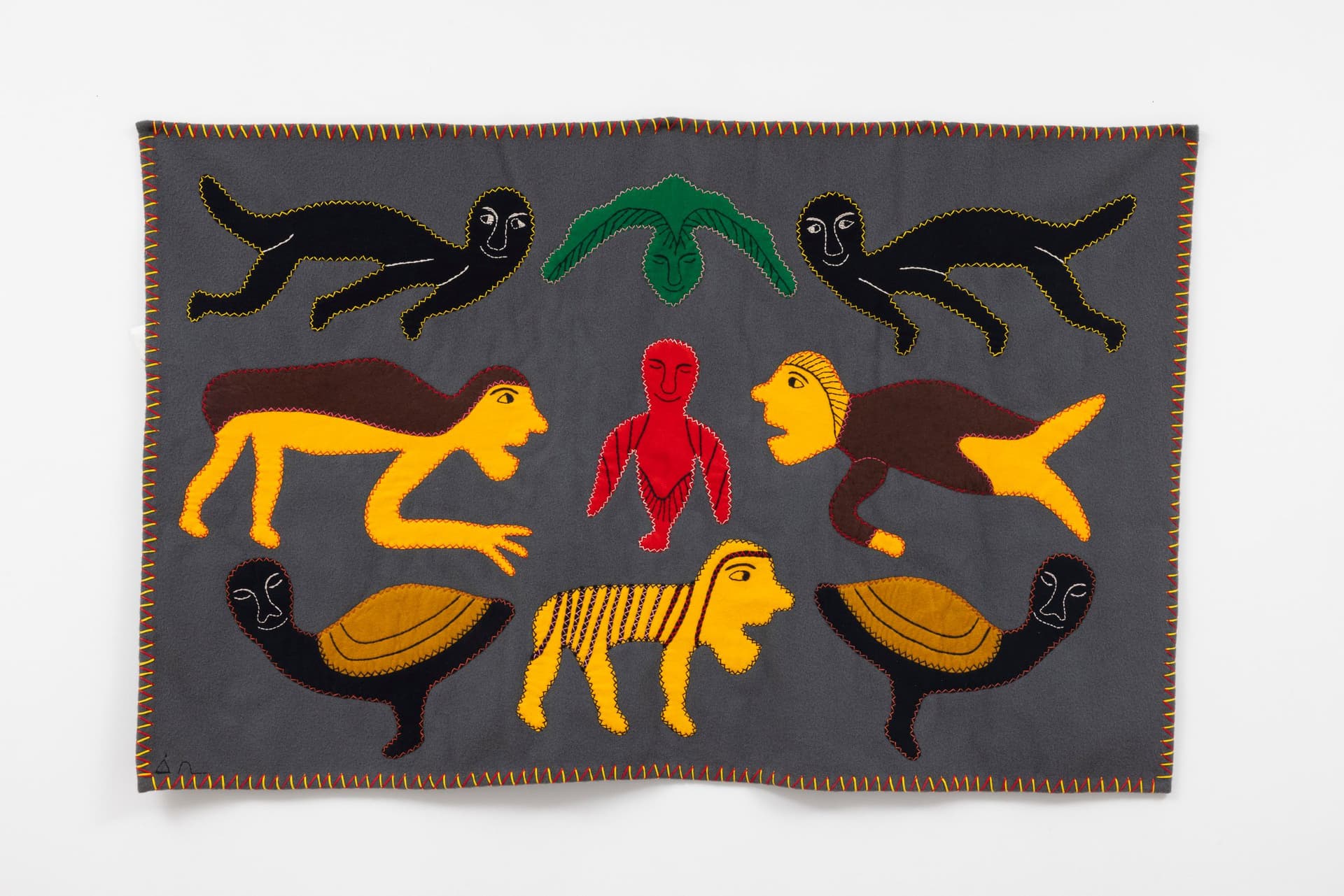Irene Avaalaaqiaq Tiktaalaaq. COMPOSITION (TRANSFORMATIONS), c. 1990s. Duffel, felt, embroidery floss. 36.75 × 58.25 inches.