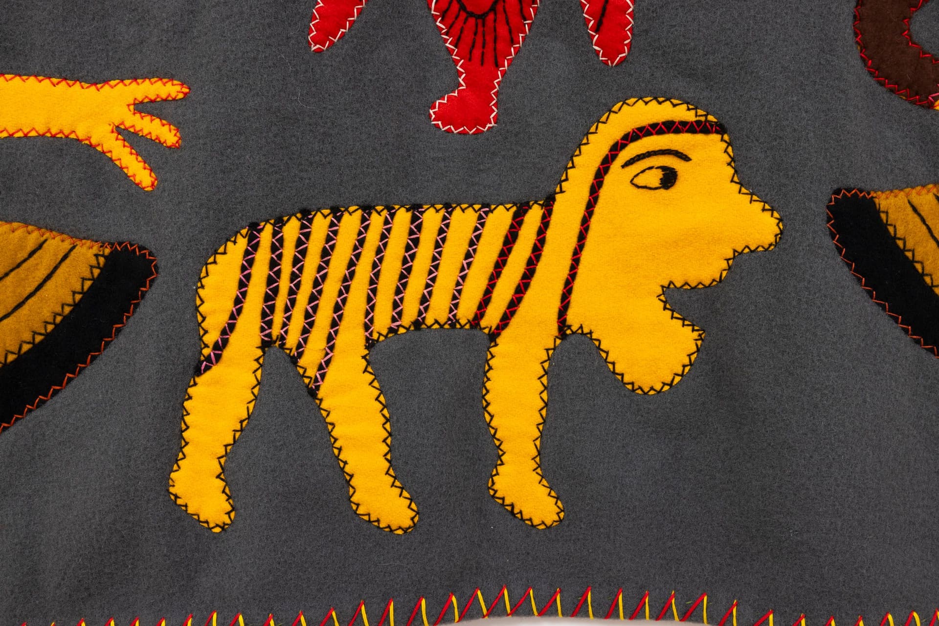 Irene Avaalaaqiaq Tiktaalaaq. COMPOSITION (TRANSFORMATIONS) (Detail), c. 1990s. Duffel, felt, embroidery floss. 36.75 × 58.25 inches.