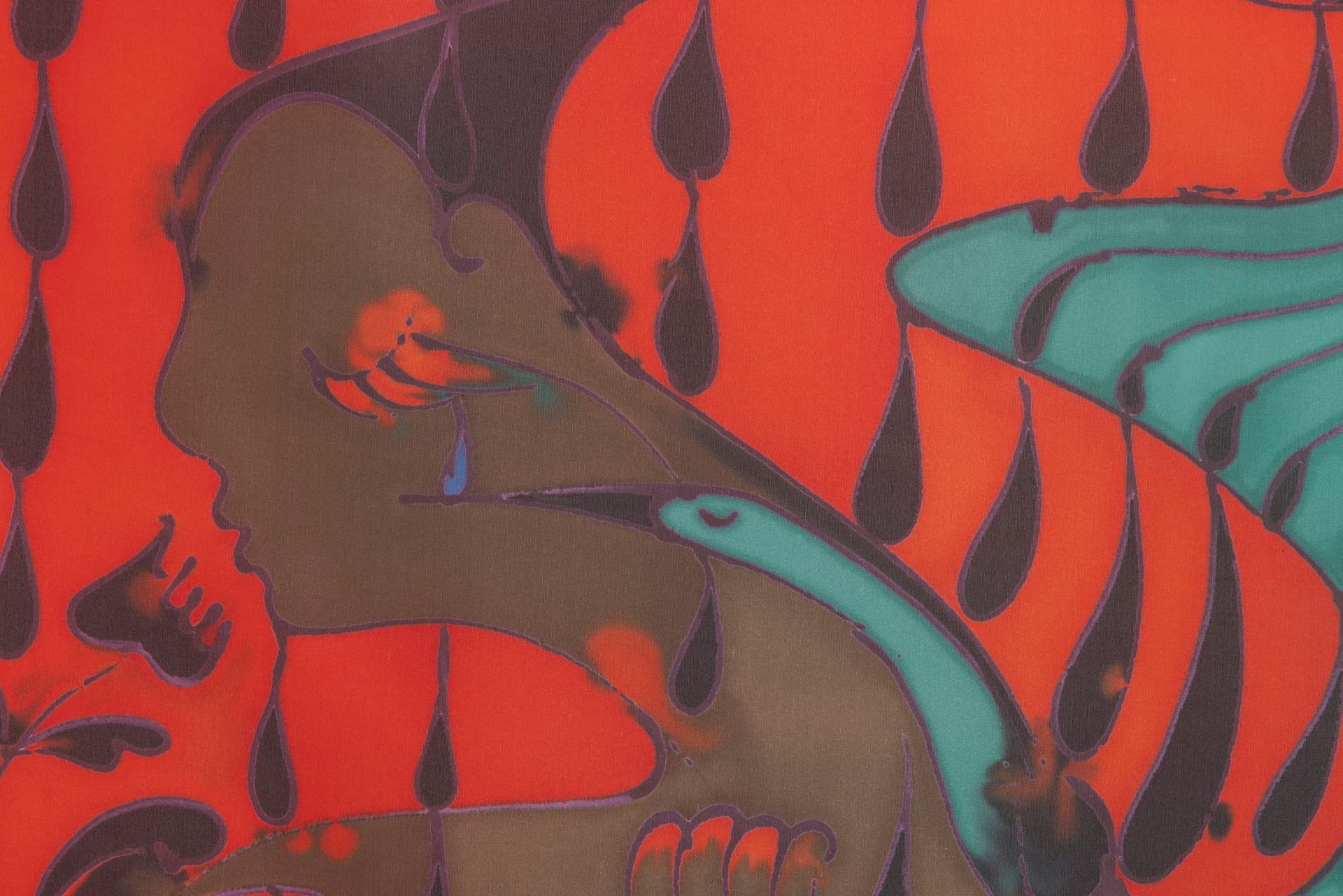 Benedict Scheuer. Rain Quenching Drought (Detail), 2025. Hand Dyed 8mm Habotai Silk. 44 ½ × 46 inches.