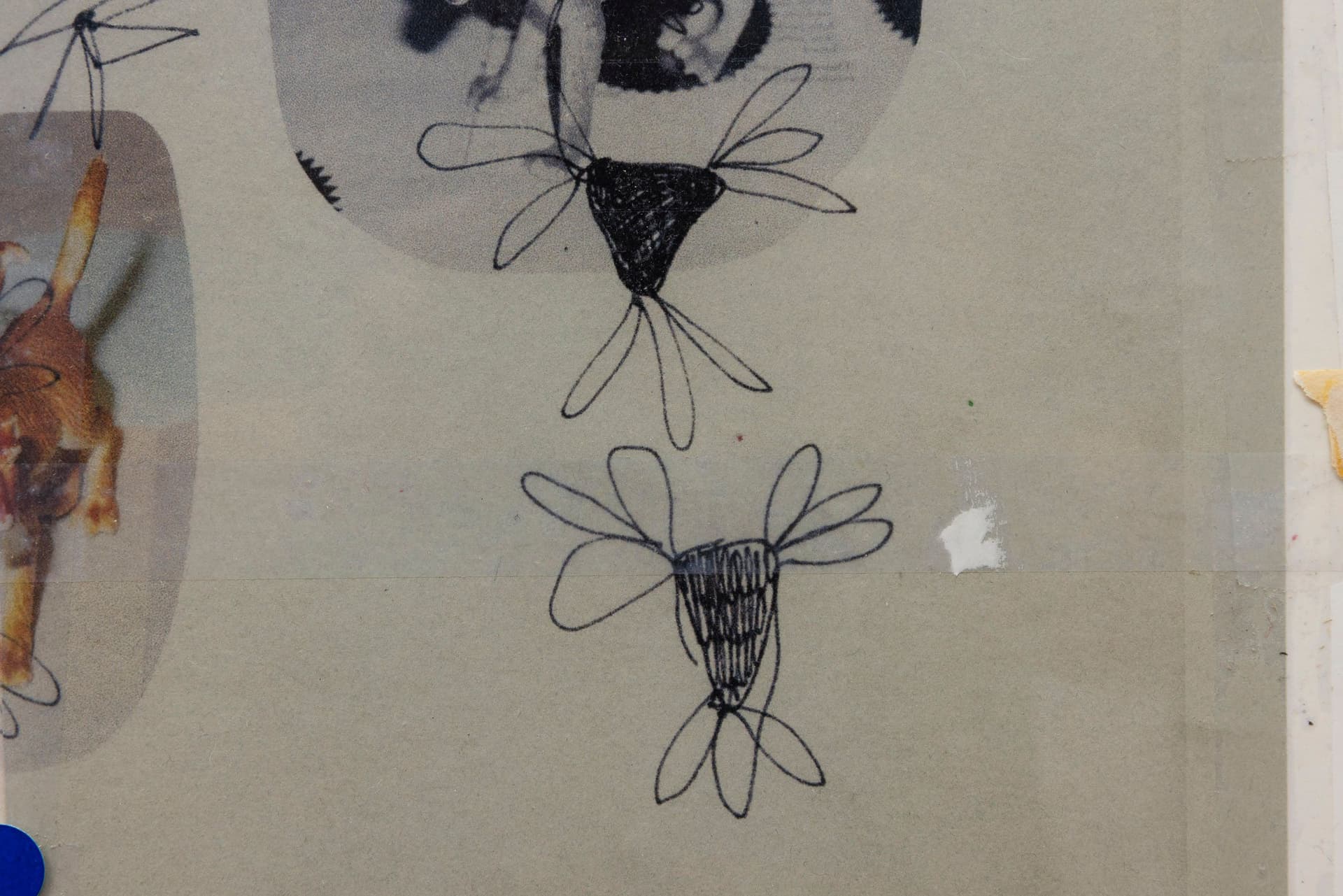 Marisa Kriangwiwat Holmes. Cereberus (Detail), 2022. Four individual laser jet prints, scotch tape, label stickers, found frame. 25 × 19.75 inches.