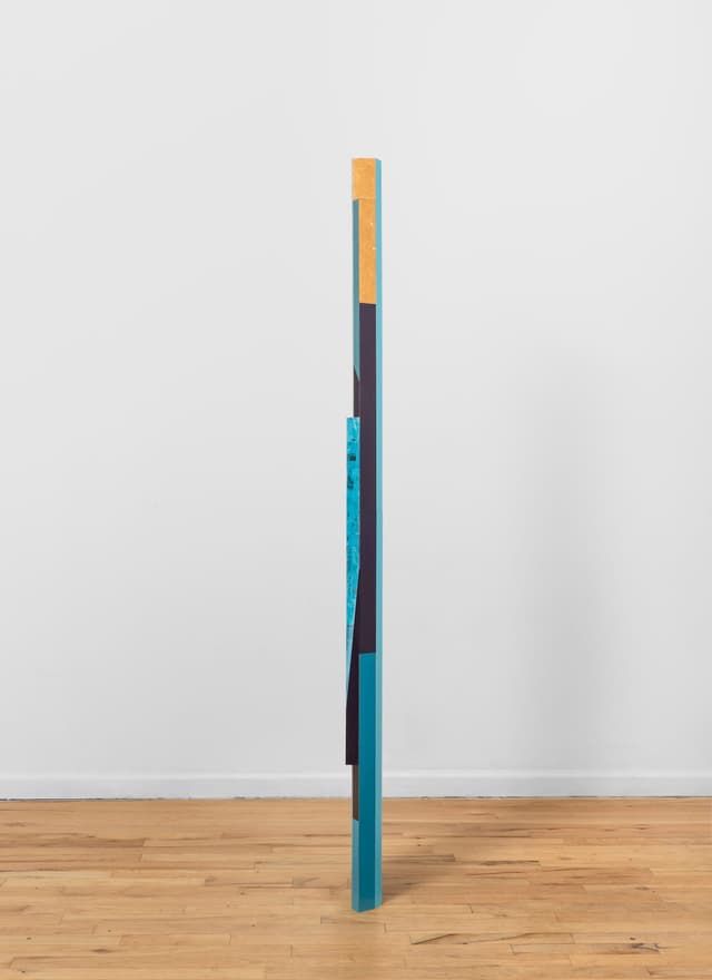 Steph Gonzalez-Turner. <i>Delay Line</i>, 2026. Plywood parquetry with oil paint, acrylic and UV printing, and cast sawdust. 87.5 × 4.25 × 4.25 inches.