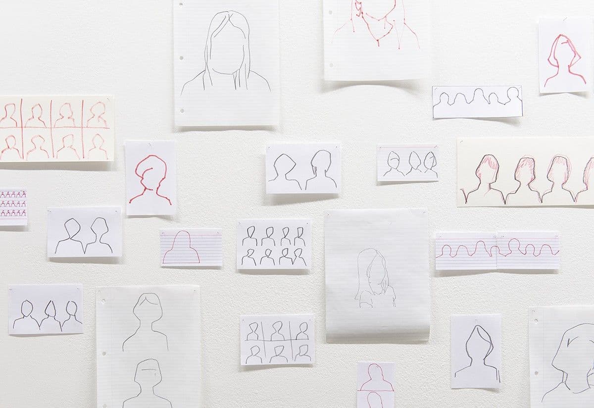 Faye HeavyShield. <I>I’ll know you when I see you</I> (detail), 2021. Graphite, colored pencil, felt tip pen, and paper. Dimensions variable. Installation view, Contemporary Art Gallery, Vancouver. Photo: SITE Photography.