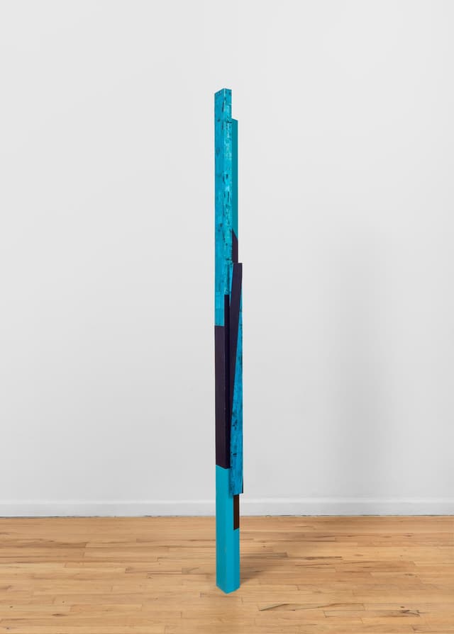 Steph Gonzalez-Turner. <i>Delay Line</i>, 2026. Plywood parquetry with oil paint, acrylic and UV printing, and cast sawdust. 87.5 × 4.25 × 4.25 inches.