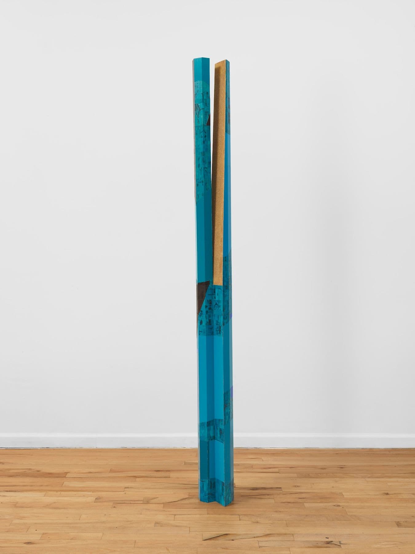 Steph Gonzalez-Turner. <i>Velvet Effect</i>, 2026. Plywood parquetry with oil paint, acrylic and UV printing, and cast sawdust. 84 × 6.5 × 5 inches.