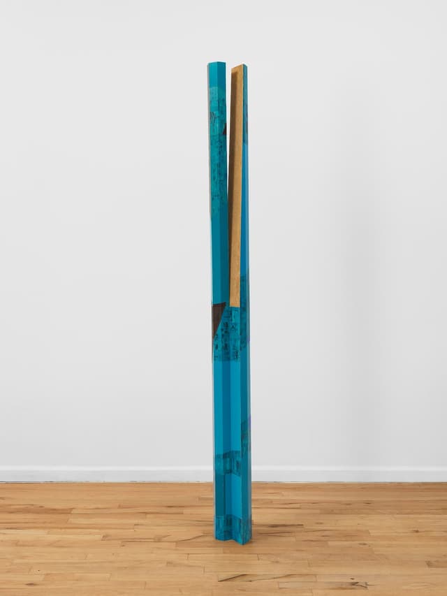 Steph Gonzalez-Turner. <i>Velvet Effect</i>, 2026. Plywood parquetry with oil paint, acrylic and UV printing, and cast sawdust. 84 × 6.5 × 5 inches.