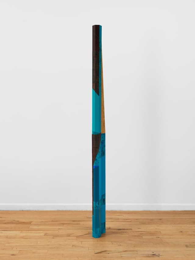 Steph Gonzalez-Turner. <i>Velvet Effect</i>, 2026. Plywood parquetry with oil paint, acrylic and UV printing, and cast sawdust. 84 × 6.5 × 5 inches.