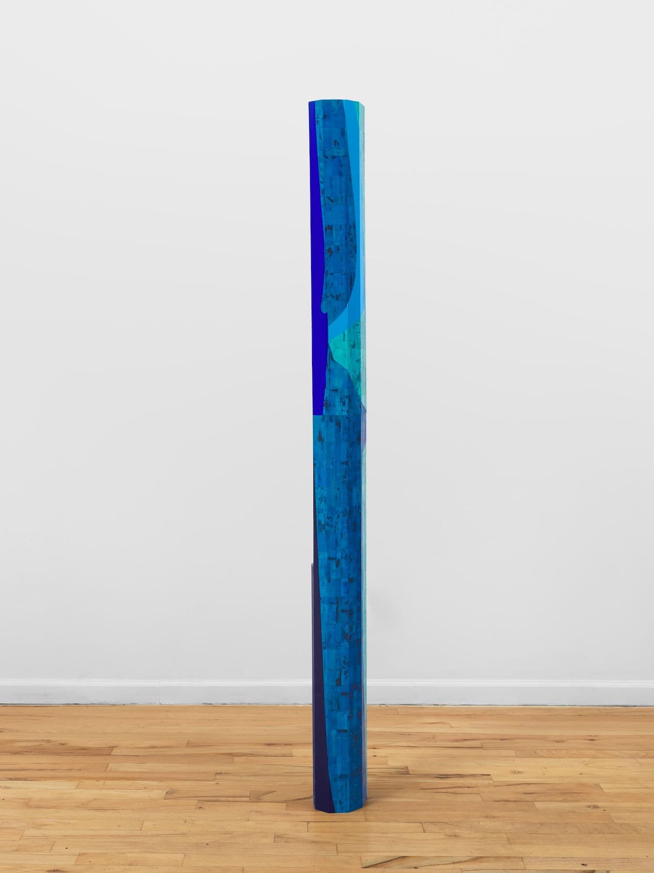 Steph Gonzalez-Turner. <i>Splay</i>, 2026. Plywood parquetry with oil paint, acrylic, dye and UV printing. 74.5 × 7 × 5 inches.