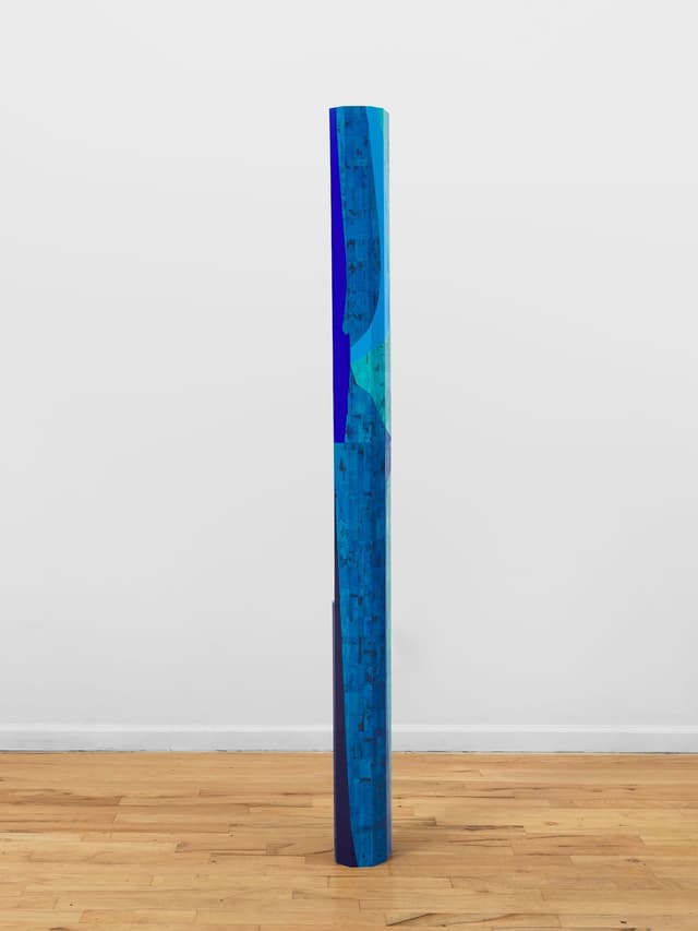 Steph Gonzalez-Turner. <i>Splay</i>, 2026. Plywood parquetry with oil paint, acrylic, dye and UV printing. 74.5 × 7 × 5 inches.