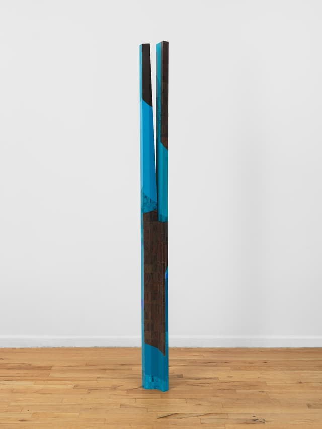 Steph Gonzalez-Turner. <i>Velvet Effect</i>, 2026. Plywood parquetry with oil paint, acrylic and UV printing, and cast sawdust. 84 × 6.5 × 5 inches.