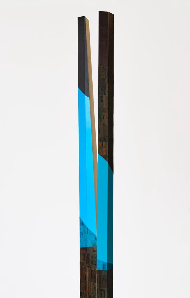 Steph Gonzalez-Turner. <i>Velvet Effect</i>, 2026. 84 x 6.5 x 5 inches. Plywood parquetry with oil paint, acrylic and UV printing, and cast sawdust.