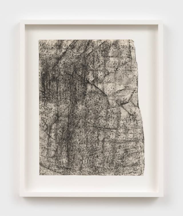 Mo Costello. <i>Untitled (Front Porch, 130 1/2)</i>, 2020. Charcoal on found paper. 10.5 × 8 inches (14 × 11.25 inches framed).
