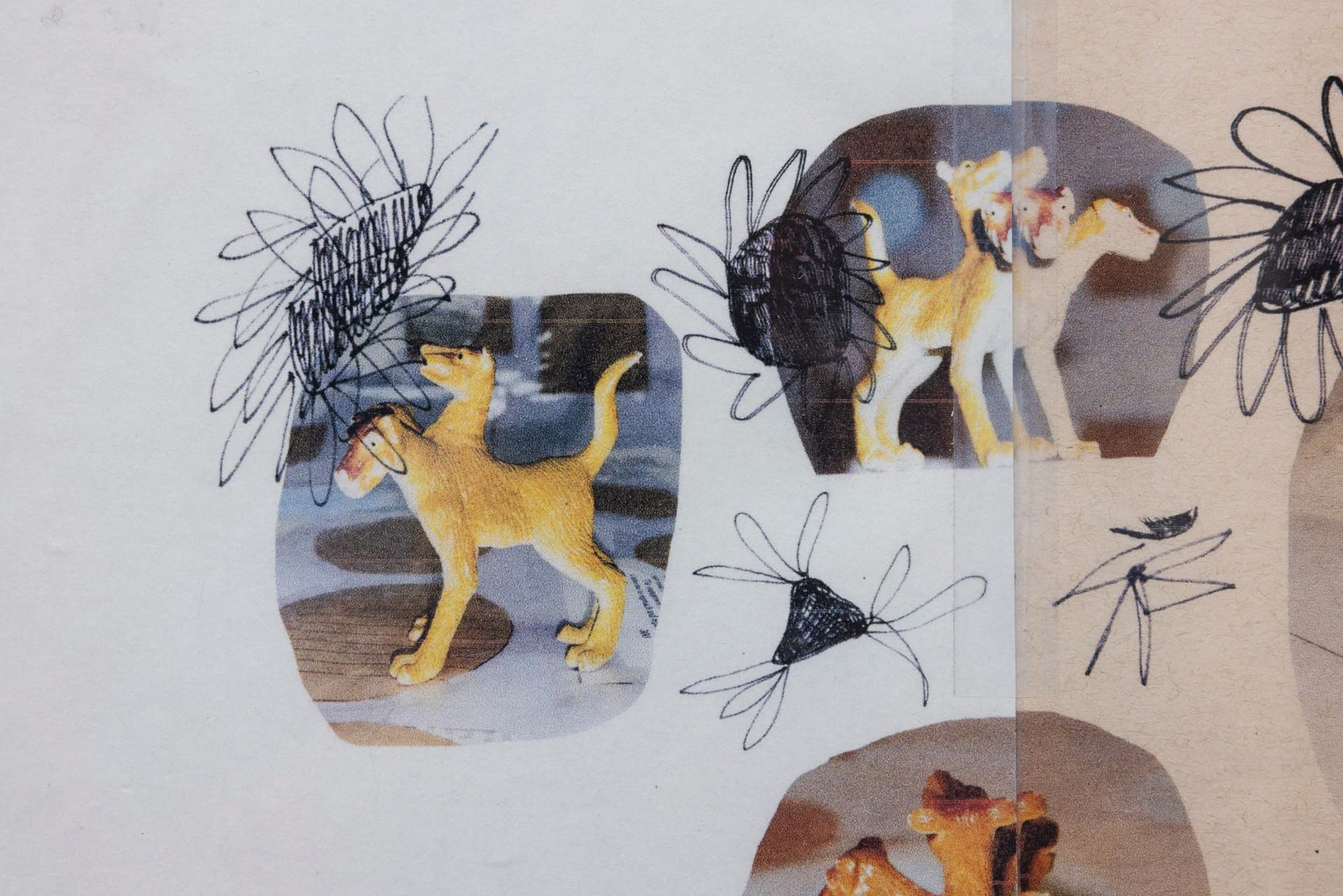 Marisa Kriangwiwat Holmes. Cereberus (Detail), 2022. Four individual laser jet prints, scotch tape, label stickers, found frame. 25 × 19.75 inches.