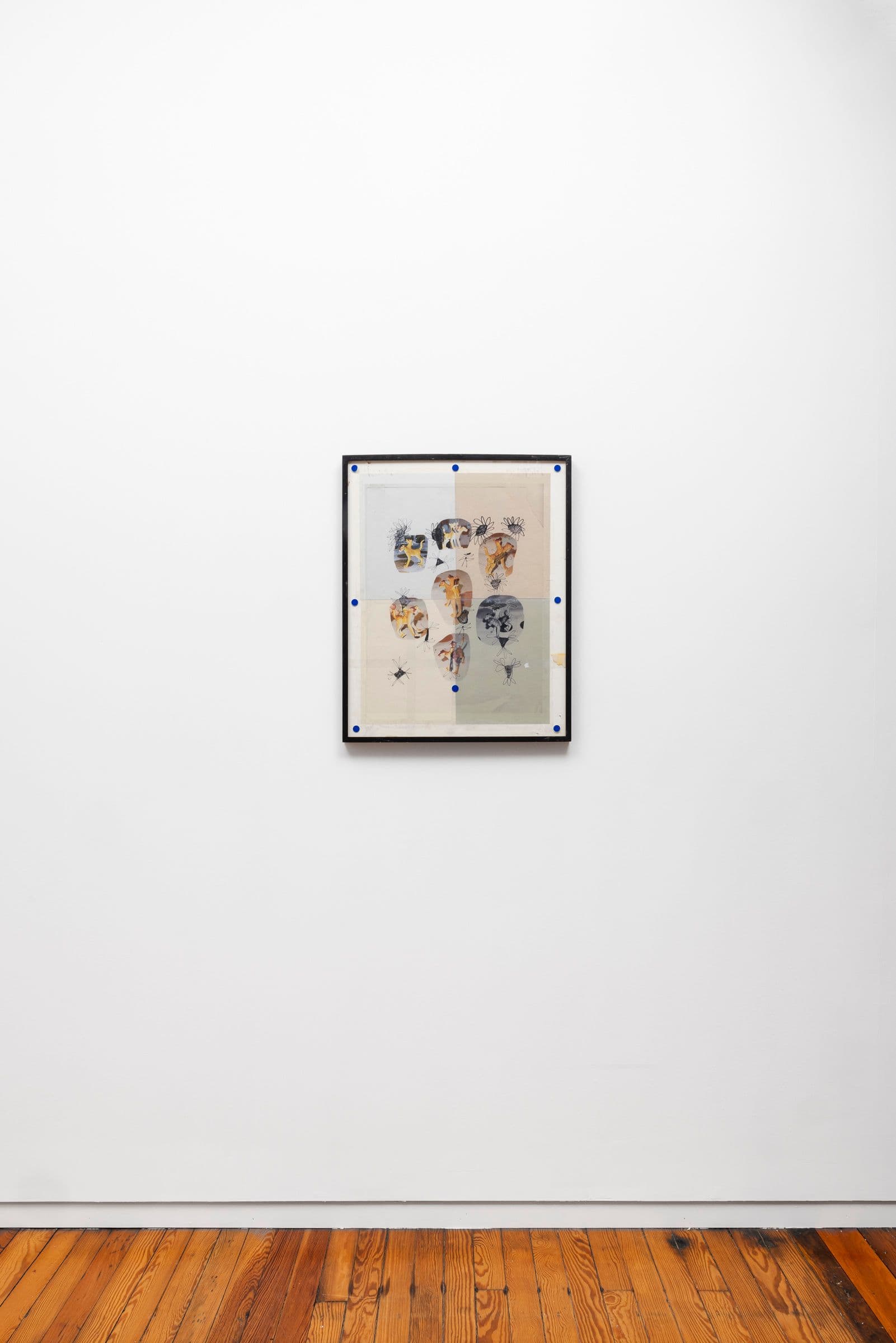 Marisa Kriangwiwat Holmes. Cereberus, 2022. Four individual laser jet prints, scotch tape, label stickers, found frame. 25 × 19.75 inches.