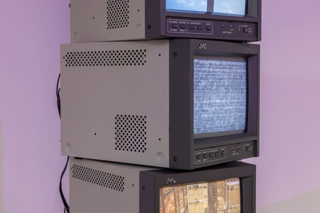 Peggy Ahwesh. the (We) Fallen (Detail), 2026. 3-channel video on stacked CRT monitors. 21 × 9 × 5 inches. 5 minutes 55 seconds. Edition of 3 plus II AP. Courtesy of Microscope Gallery, New York.