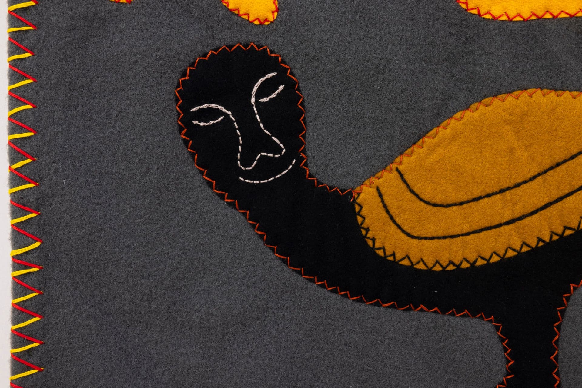 Irene Avaalaaqiaq Tiktaalaaq. COMPOSITION (TRANSFORMATIONS) (Detail), c. 1990s. Duffel, felt, embroidery floss. 36.75 × 58.25 inches.