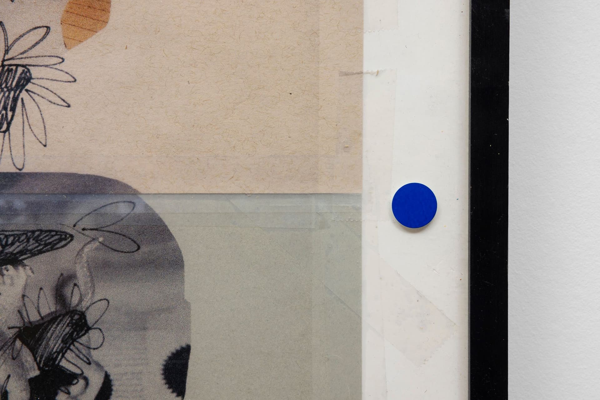 Marisa Kriangwiwat Holmes. Cereberus (Detail), 2022. Four individual laser jet prints, scotch tape, label stickers, found frame. 25 × 19.75 inches.