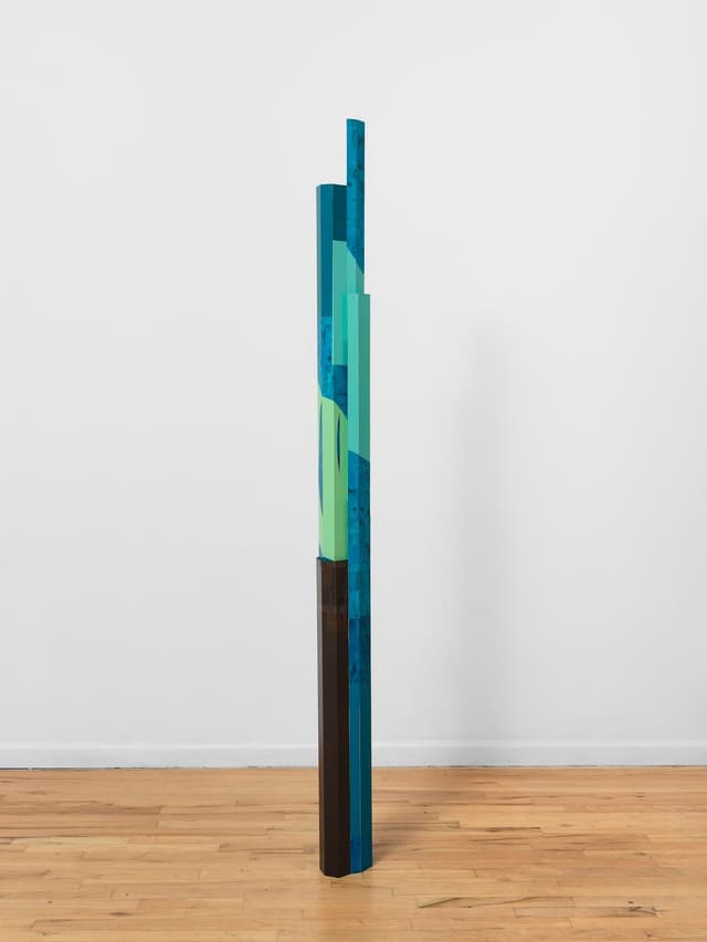 Steph Gonzalez-Turner. <i>Earth Mansion</i>, 2026. Plywood parquetry with oil paint, acrylic, dye and UV printing. 78 × 7 × 5 inches.