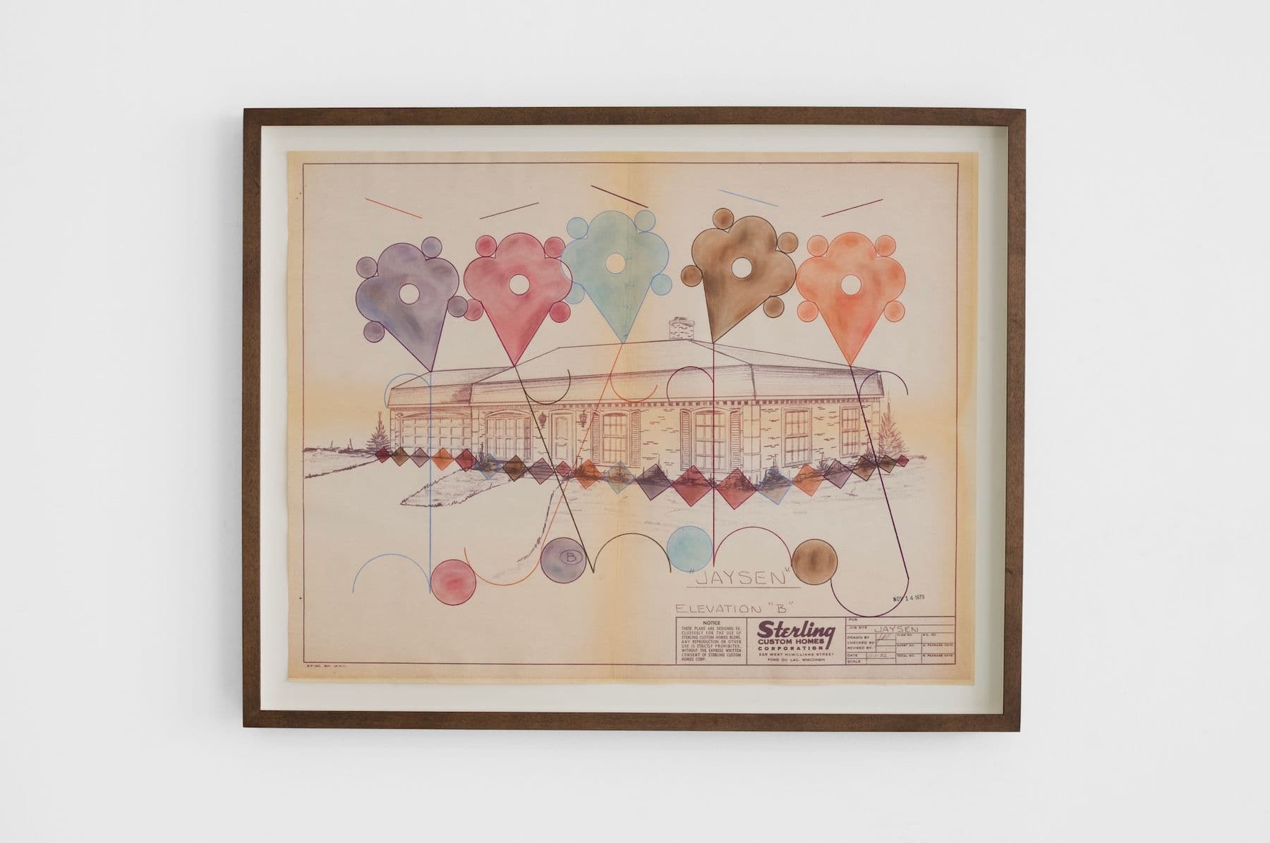 Bronson Smillie. <i>Plan B</i>, 2026. Pencil crayon, polycrayon on architectural plan. 17 × 22 inches (19 3/4 × 24 3/4 inches framed).