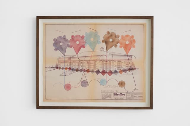 Bronson Smillie. <i>Plan B</i>, 2026. Pencil crayon, polycrayon on architectural plan. 17 × 22 inches (19 3/4 × 24 3/4 inches framed).