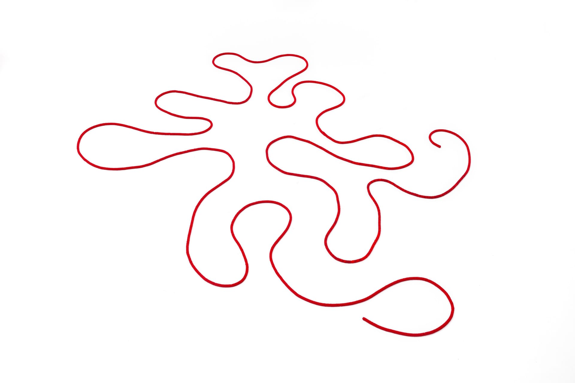 Faye HeavyShield. the red line ii, 2025. Beads, cord, thread. 1/4 × 342 inches. Dimensions variable.