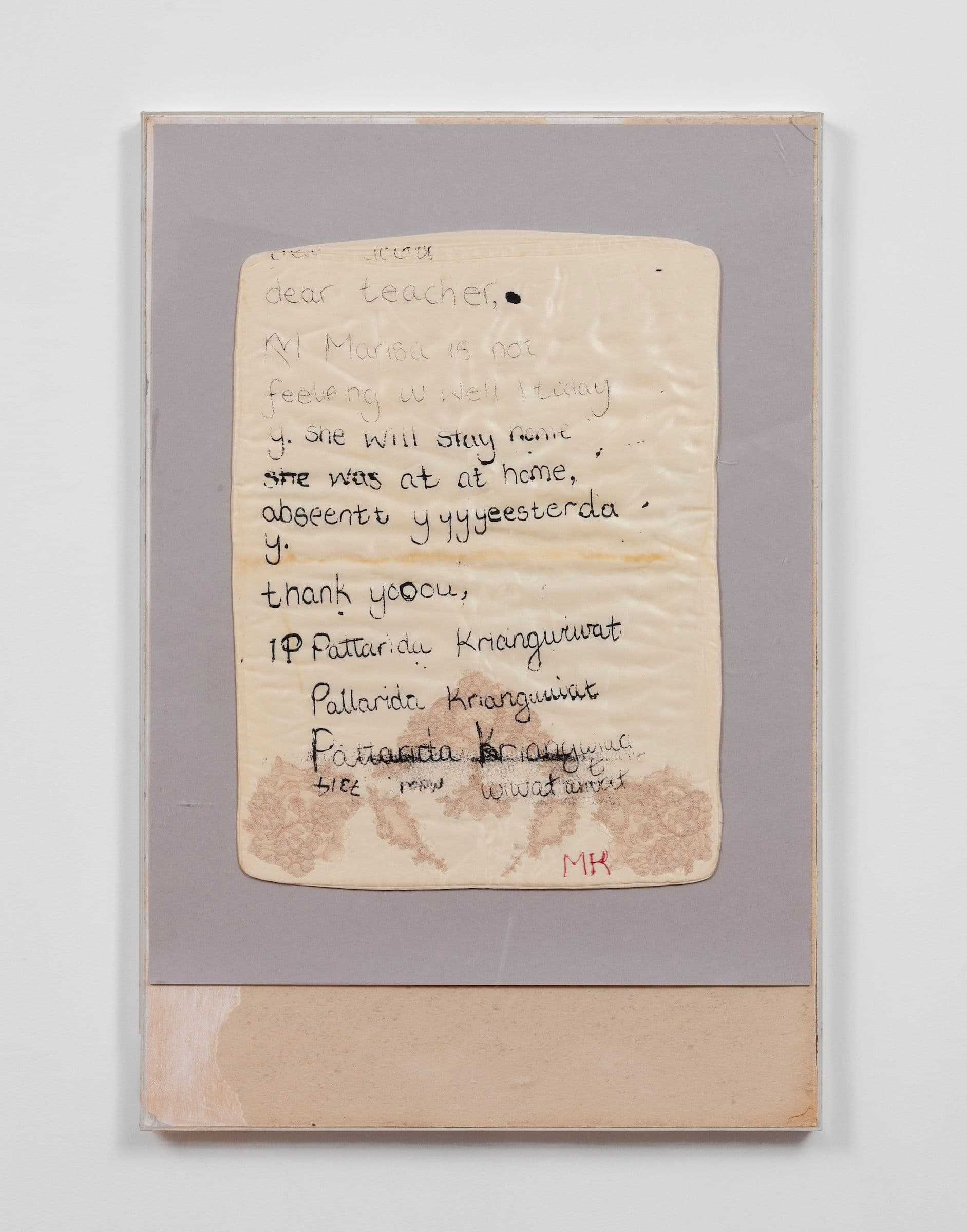 Marisa Kriangwiwat Holmes. Sick Note, 2024. Silkscreen on silk and lace pillow, hand-colored card stock, acrylic frame. 30.25 × 20.5 inches.