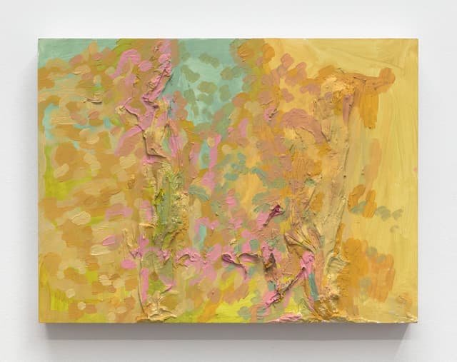 Laura McCoy. This dip, 2022. Acrylic paint, plaster, flowers on panel. 12 x 16 inches.
