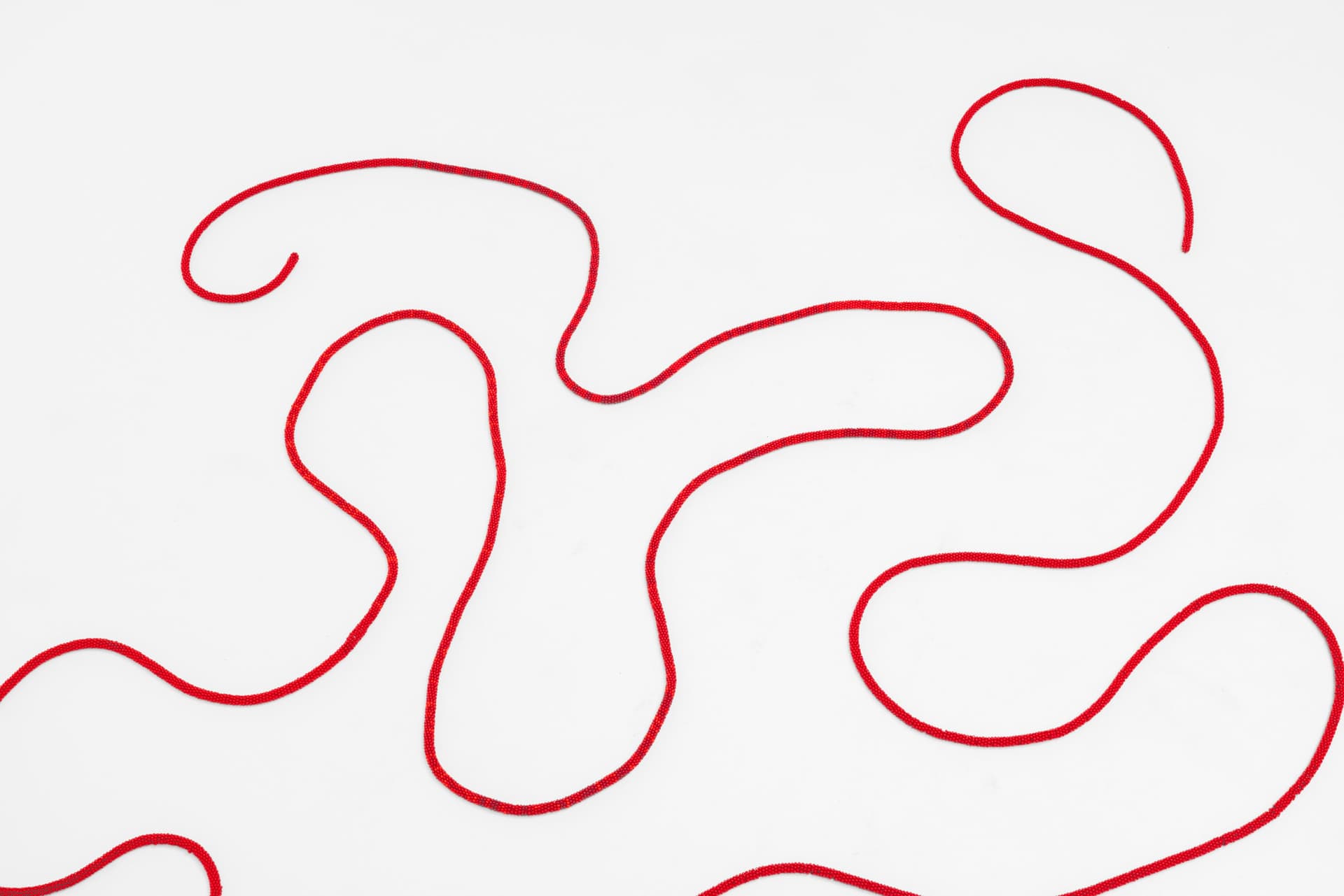 Faye HeavyShield. the red line ii (Detail), 2025. Beads, cord, thread. 1/4 × 342 inches. Dimensions variable.