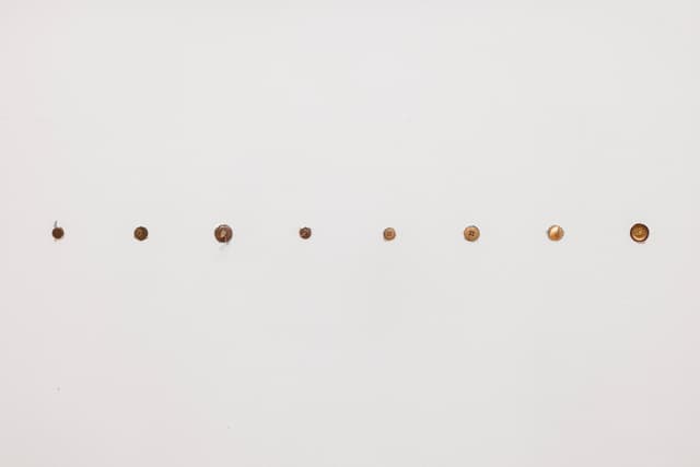 Bronson Smillie. <i>Button chair rail (no repeats)</i>, 2026. Buttons. Dimensions variable.