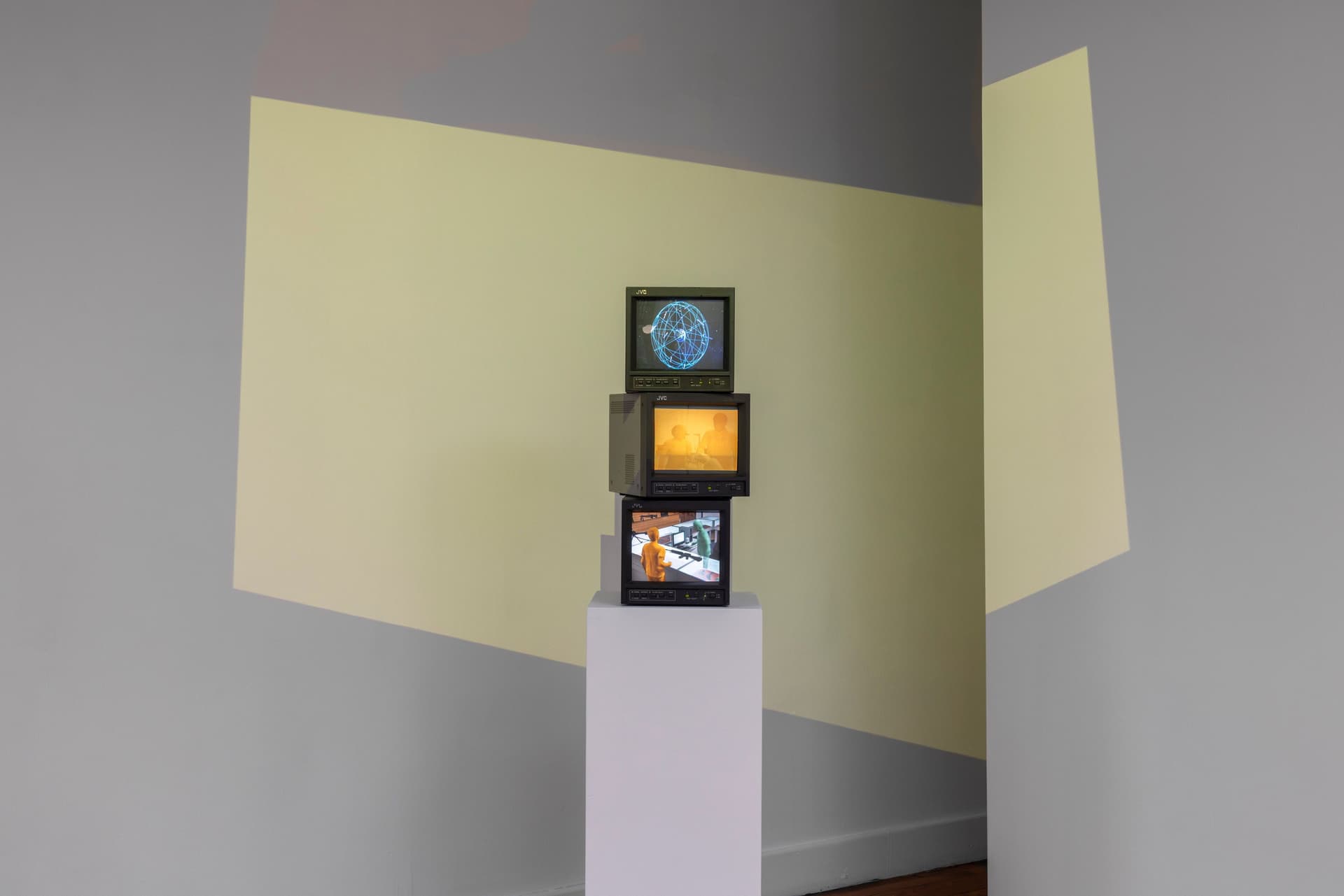 Peggy Ahwesh. the (We) Fallen, 2026. 3-channel video on stacked CRT monitors. 21 × 9 × 5 inches. 5 minutes 55 seconds. Edition of 3 plus II AP. Courtesy of Microscope Gallery, New York.