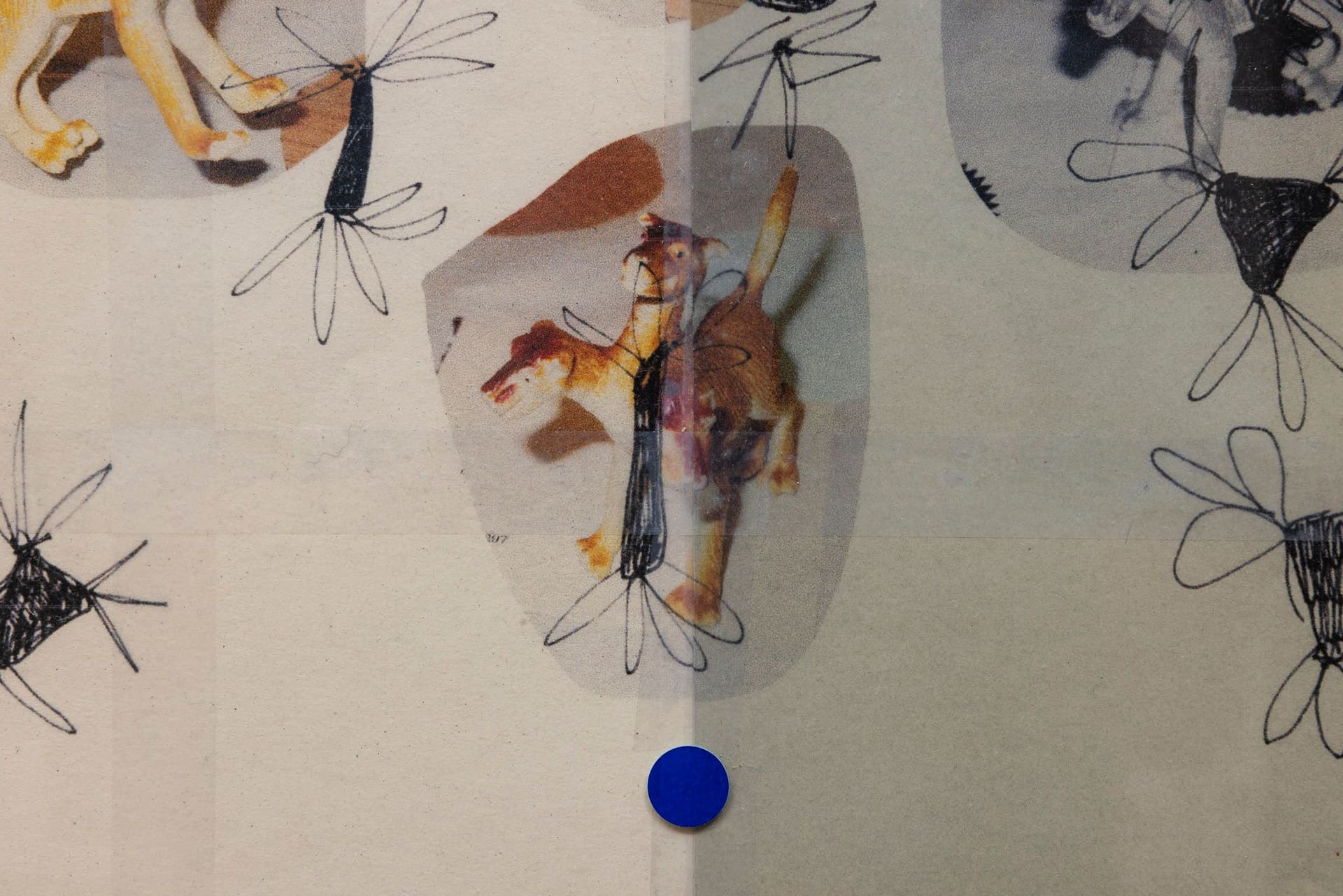 Marisa Kriangwiwat Holmes. Cereberus (Detail), 2022. Four individual laser jet prints, scotch tape, label stickers, found frame. 25 × 19.75 inches.