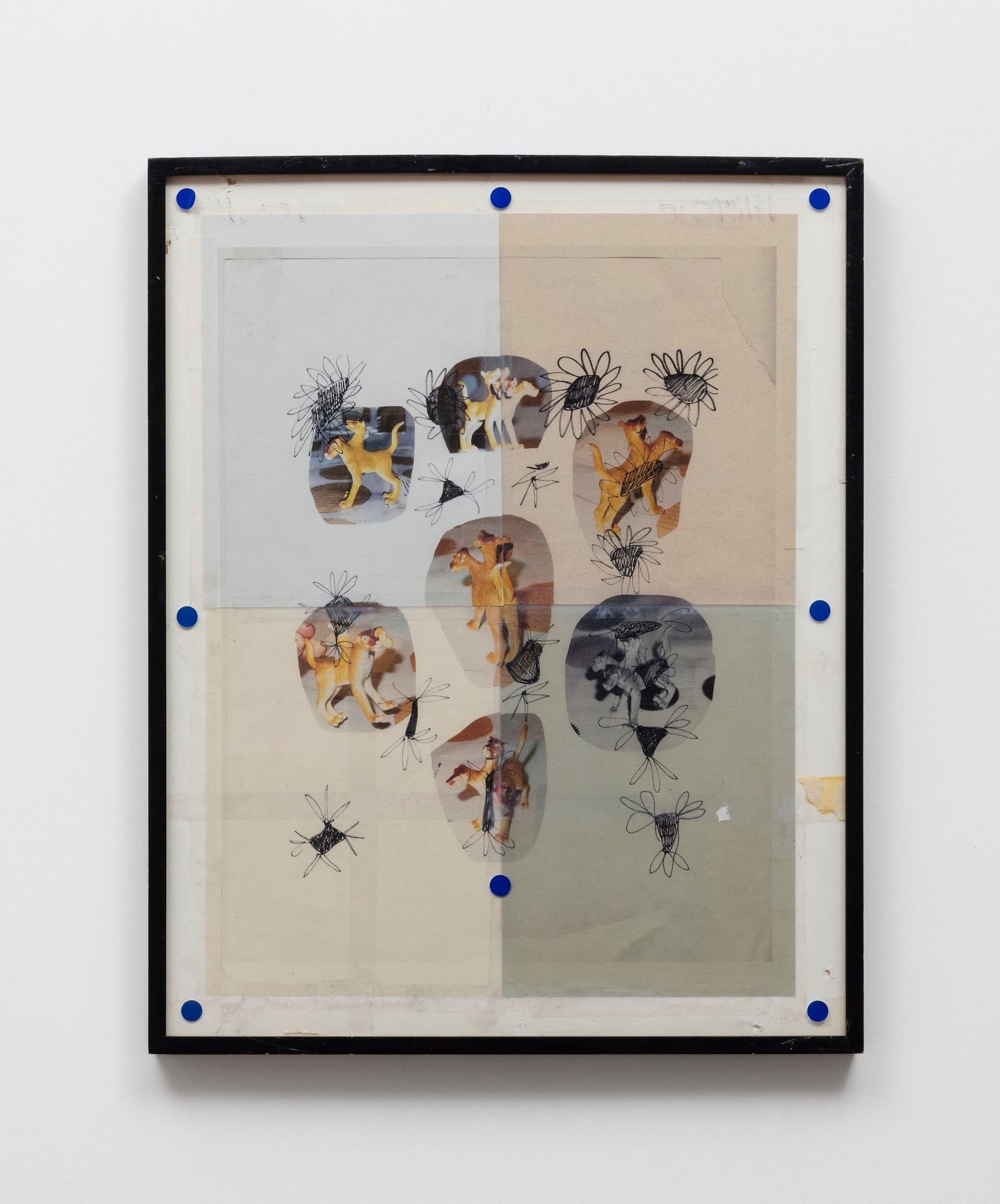 Marisa Kriangwiwat Holmes. Cereberus, 2022. Four individual laser jet prints, scotch tape, label stickers, found frame. 25 × 19.75 inches.