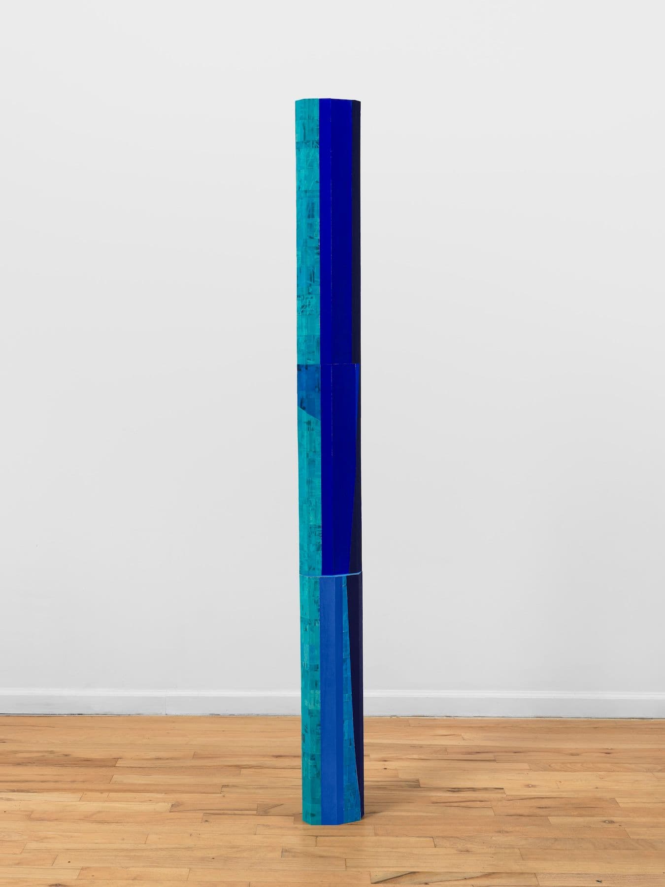 Steph Gonzalez-Turner. <i>Splay</i>, 2026. Plywood parquetry with oil paint, acrylic, dye and UV printing. 74.5 × 7 × 5 inches.