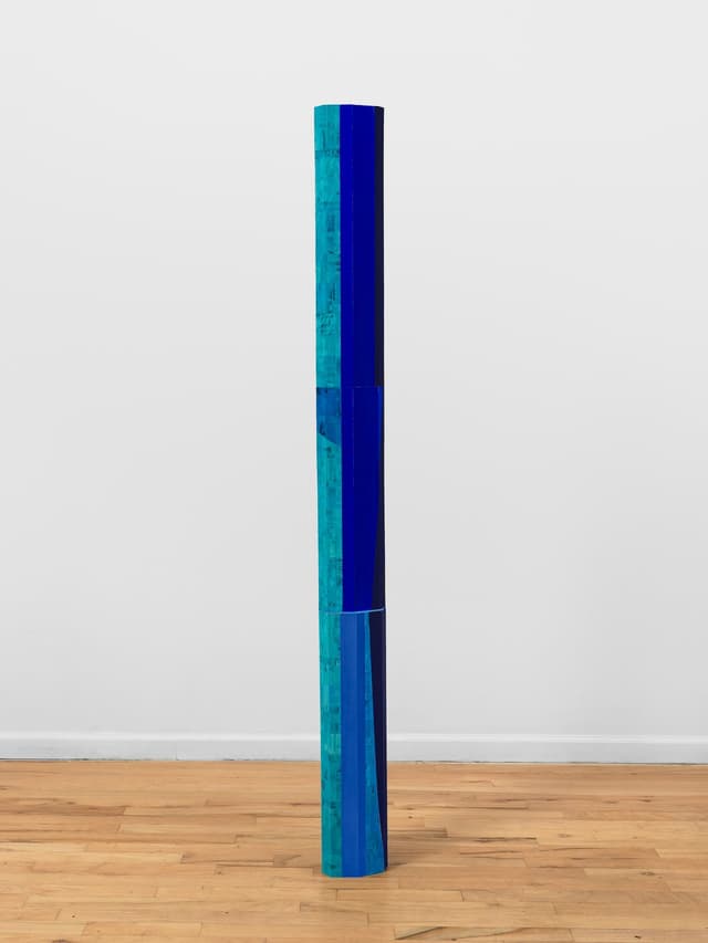 Steph Gonzalez-Turner. <i>Splay</i>, 2026. Plywood parquetry with oil paint, acrylic, dye and UV printing. 74.5 × 7 × 5 inches.