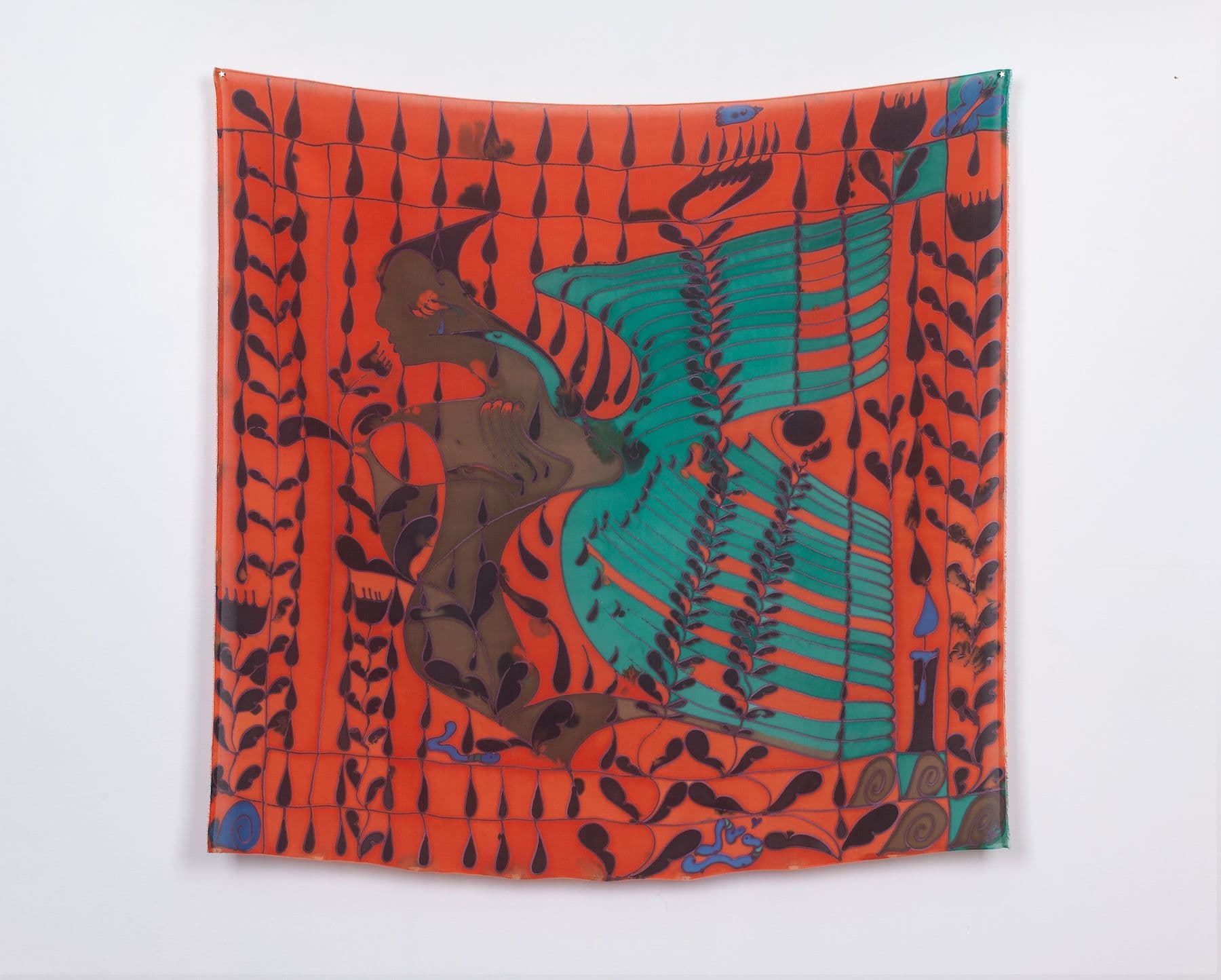 Benedict Scheuer. <i>Rain Quenching Drought</i>, 2025. Hand Dyed 8mm Habotai Silk. 44 ½ × 46 inches.