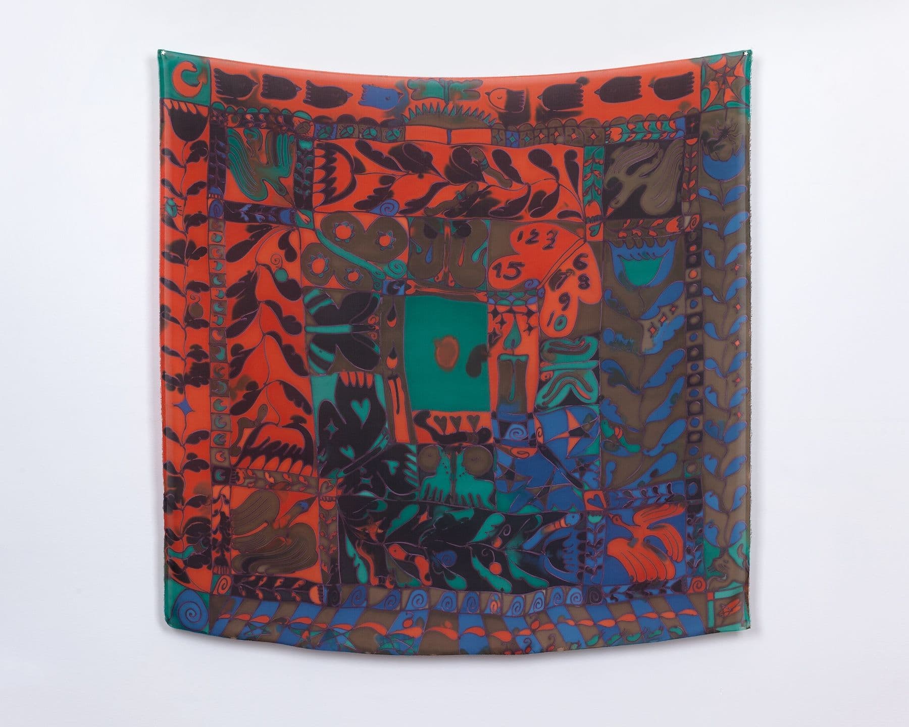 Benedict Scheuer. <i>Break the Spell / Kernal of Endless Love Deep Inside</i>, 2025. Hand Dyed 8mm Habotai Silk. 44 ½ × 46 inches.