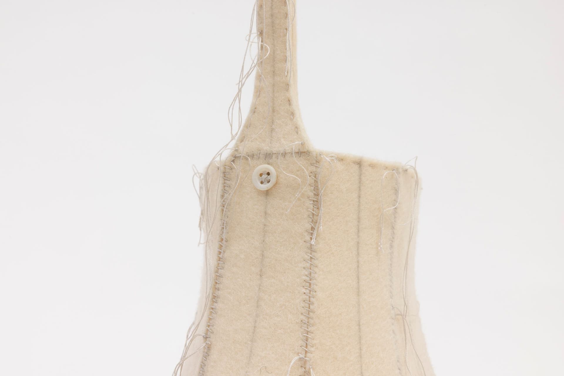 Cyrilla Mozenter. More saints seen 18 (Detail), 2004. Pencil on industrial wool felt hand stitched with silk thread, wooden craft stick and toothpick, button, pearls, and bugle beads. 13.5 × 16 × 16 inches.