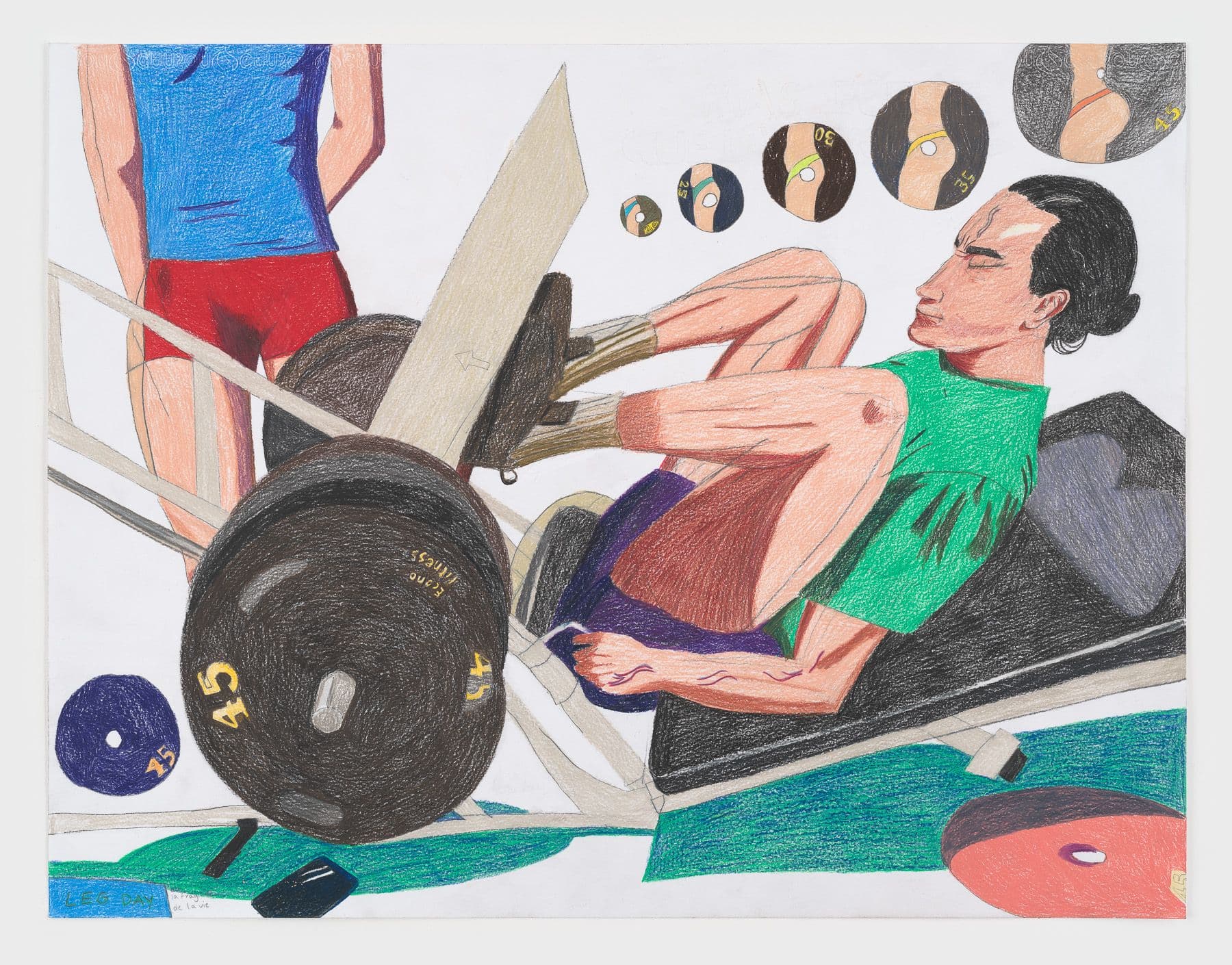 Alix Van Der Donckt-Ferrand. <i>Leg day - or - La Fragilité de la Vie</i>, 2025. Color pencil and graphite on paper. 19 ½ × 25 ½ inches (22 ½ × 28 ½ inches framed).